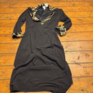 Vintage Cache Black Chain‎ Print Collar Long Sleeve Midi Dress XS VTG